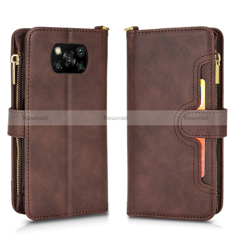 Leather Case Stands Flip Cover Holder BY2 for Xiaomi Poco X3 NFC Brown