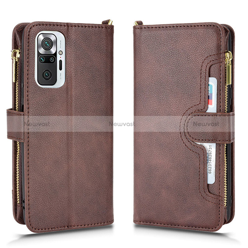 Leather Case Stands Flip Cover Holder BY2 for Xiaomi Redmi Note 10 Pro 4G Brown