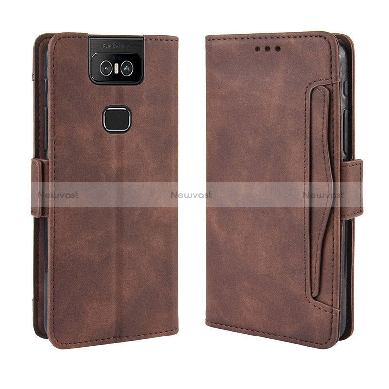 Leather Case Stands Flip Cover Holder BY3 for Asus Zenfone 6 ZS630KL Brown