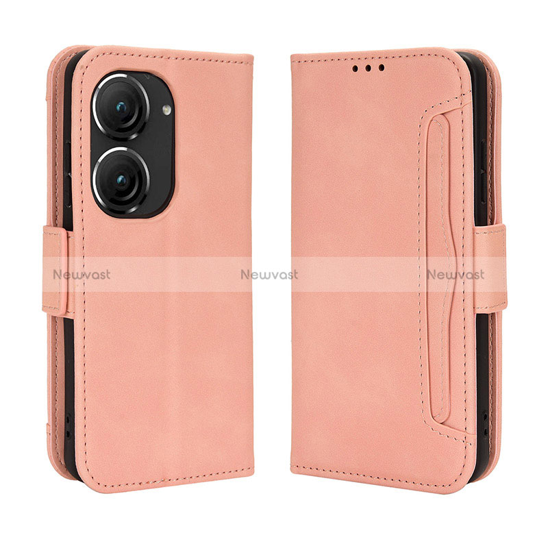 Leather Case Stands Flip Cover Holder BY3 for Asus Zenfone 9 Pink