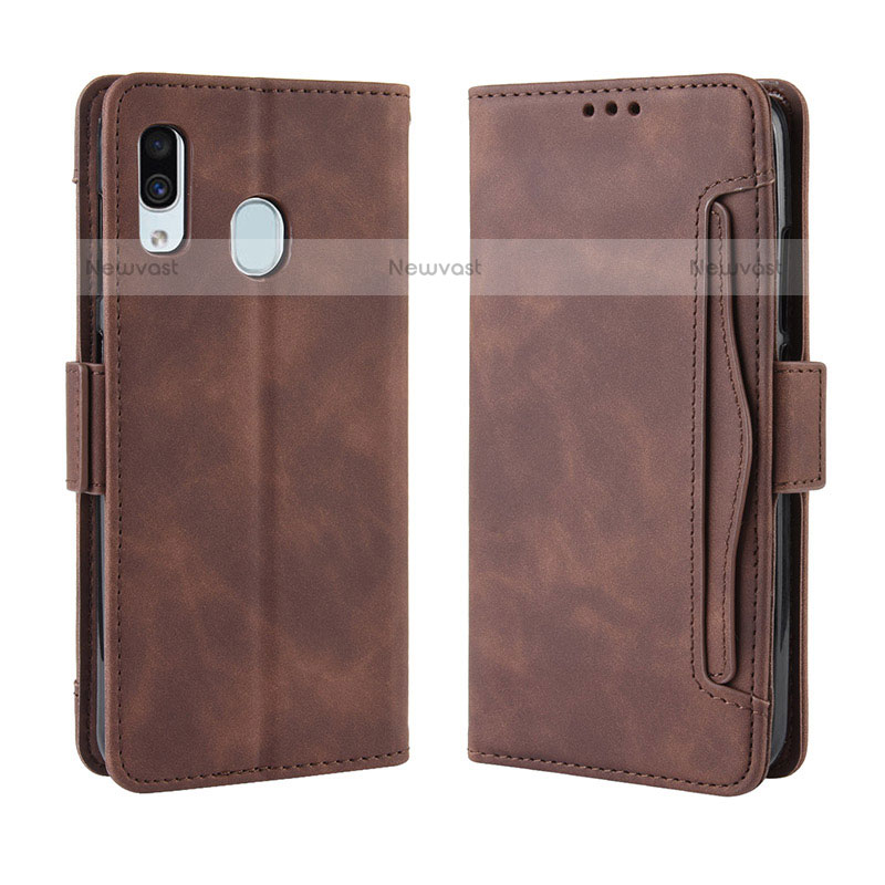 Leather Case Stands Flip Cover Holder BY3 for Samsung Galaxy A20 Brown