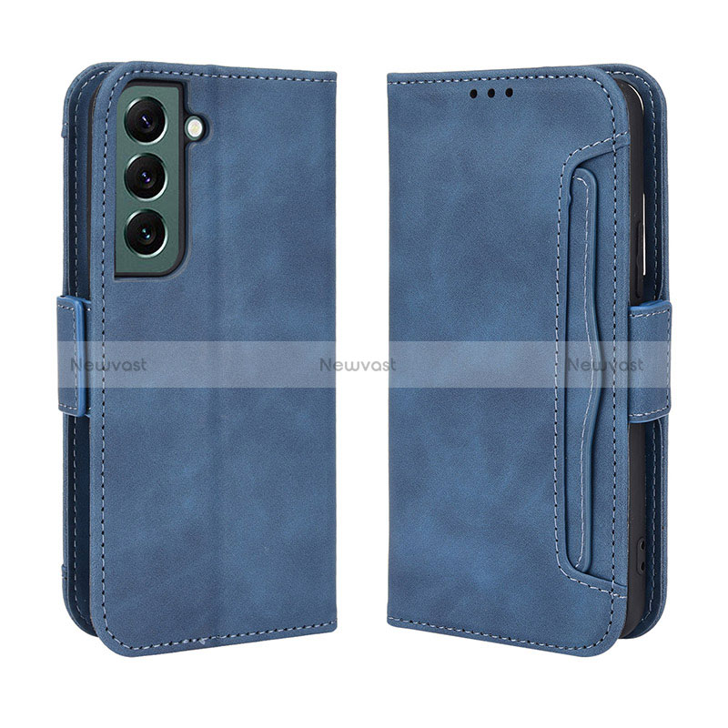 Leather Case Stands Flip Cover Holder BY3 for Samsung Galaxy S22 Plus 5G Blue