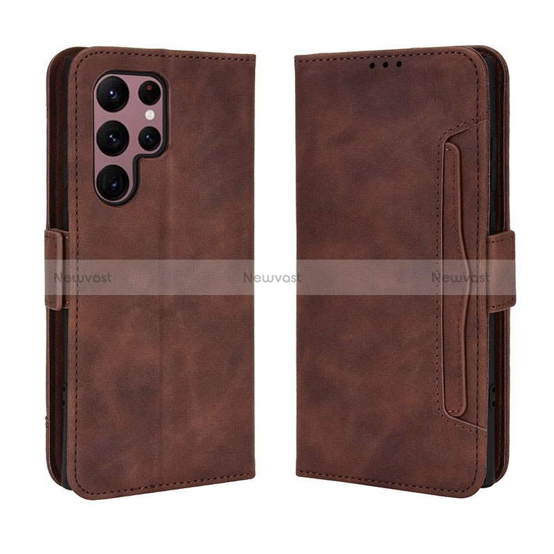 Leather Case Stands Flip Cover Holder BY3 for Samsung Galaxy S22 Ultra 5G Brown