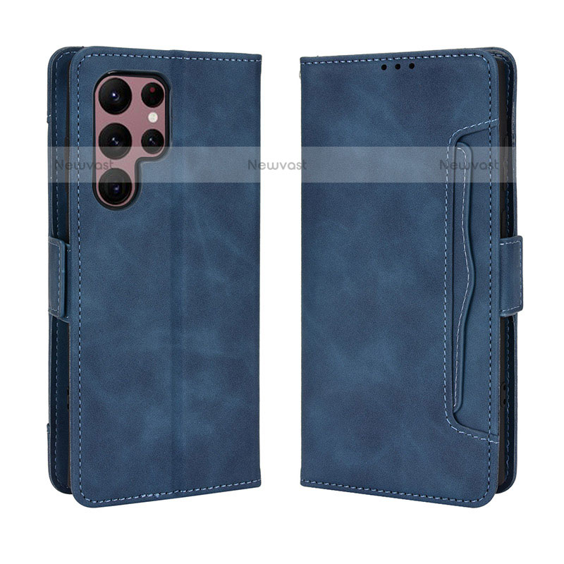 Leather Case Stands Flip Cover Holder BY3 for Samsung Galaxy S23 Ultra 5G Blue