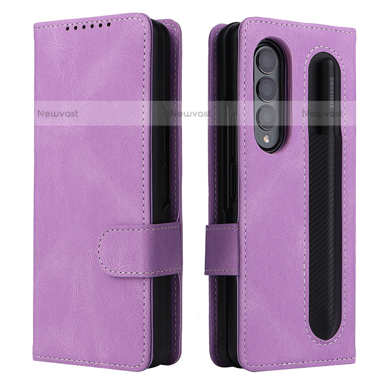 Leather Case Stands Flip Cover Holder BY3 for Samsung Galaxy Z Fold3 5G Purple