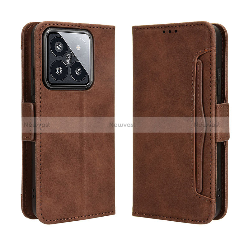 Leather Case Stands Flip Cover Holder BY3 for Xiaomi Mi 14 5G Brown