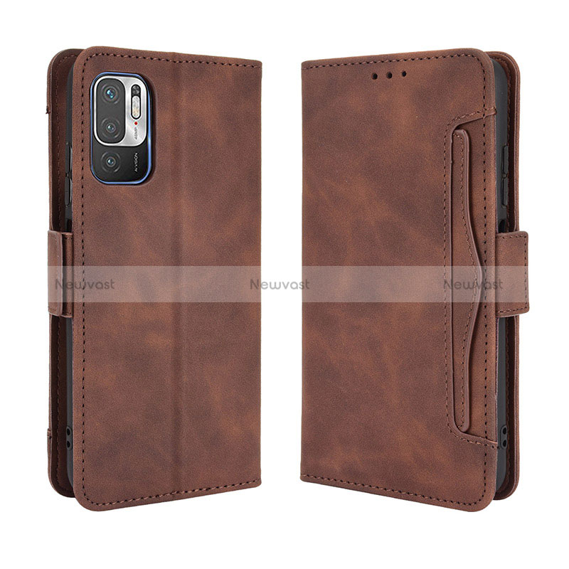 Leather Case Stands Flip Cover Holder BY3 for Xiaomi POCO M3 Pro 5G Brown