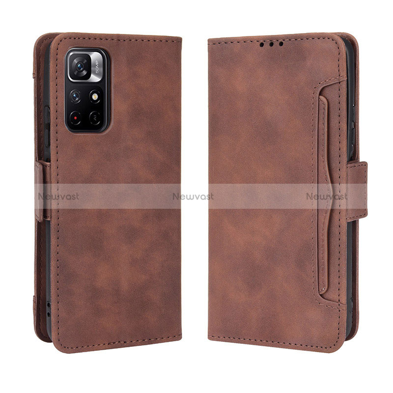 Leather Case Stands Flip Cover Holder BY3 for Xiaomi Poco M4 Pro 5G Brown