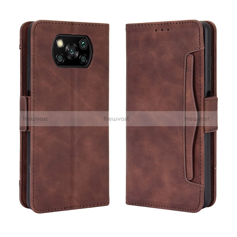 Leather Case Stands Flip Cover Holder BY3 for Xiaomi Poco X3 Brown