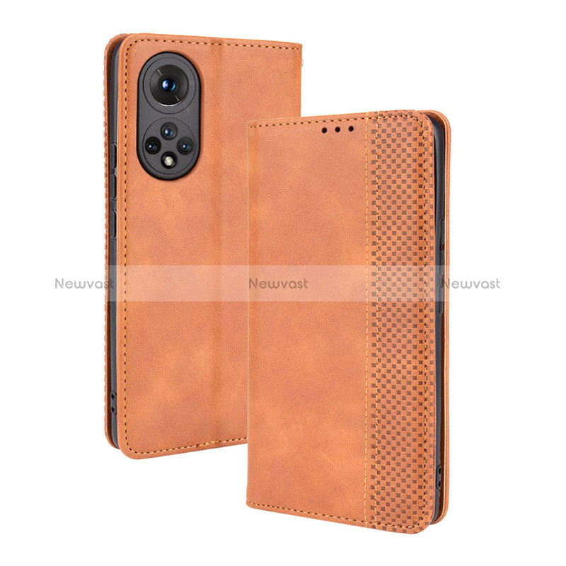 Leather Case Stands Flip Cover Holder BY4 for Huawei Honor 50 5G Brown