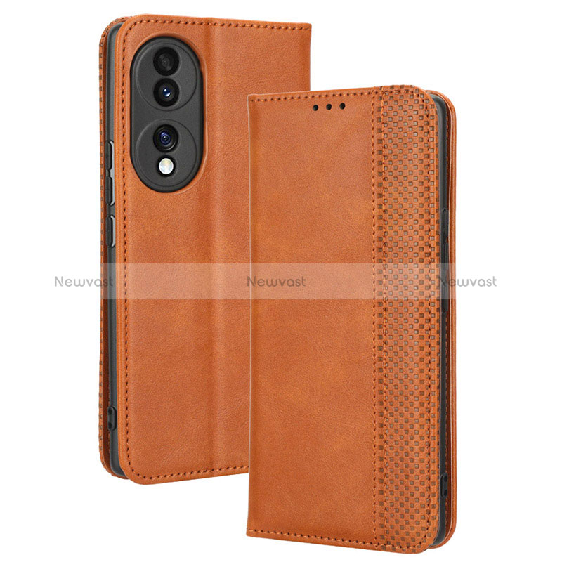 Leather Case Stands Flip Cover Holder BY4 for Huawei Honor 70 5G Brown