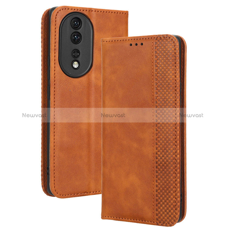 Leather Case Stands Flip Cover Holder BY4 for Huawei Honor 80 5G Brown