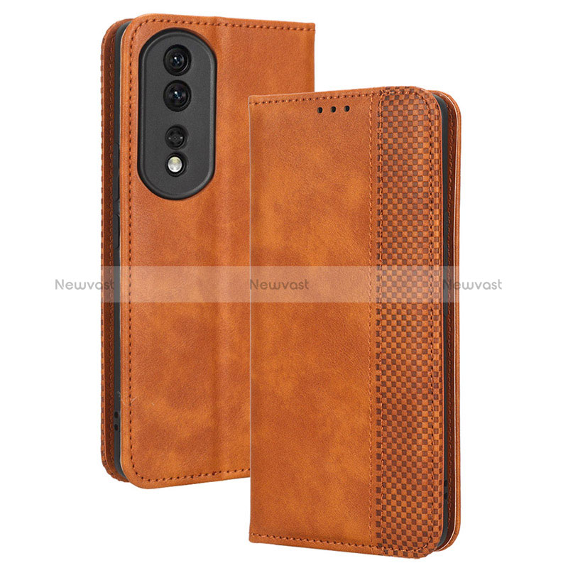 Leather Case Stands Flip Cover Holder BY4 for Huawei Honor 80 Pro 5G Brown