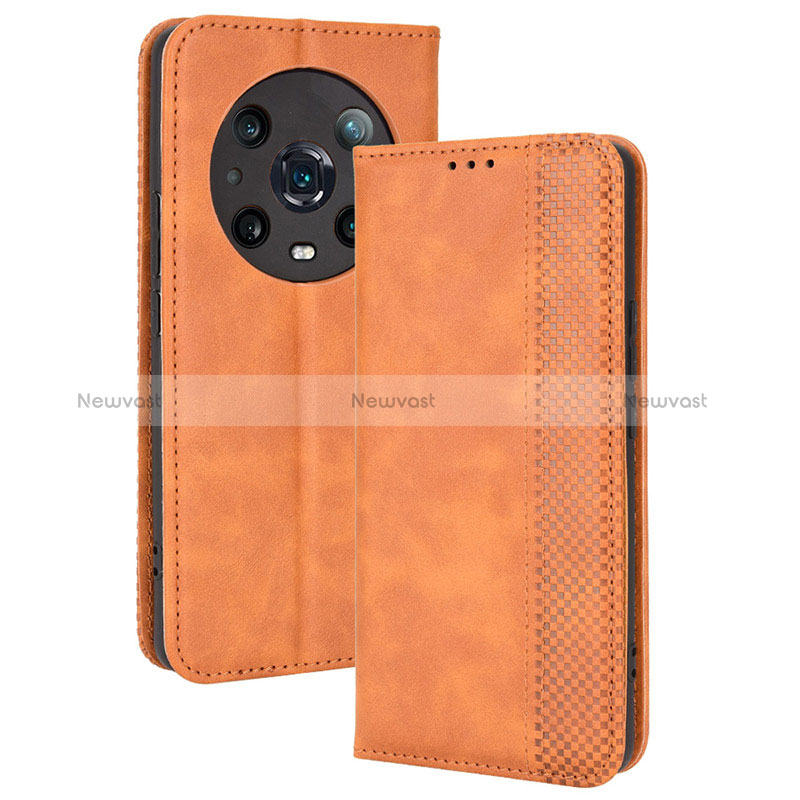 Leather Case Stands Flip Cover Holder BY4 for Huawei Honor Magic4 Pro 5G Brown