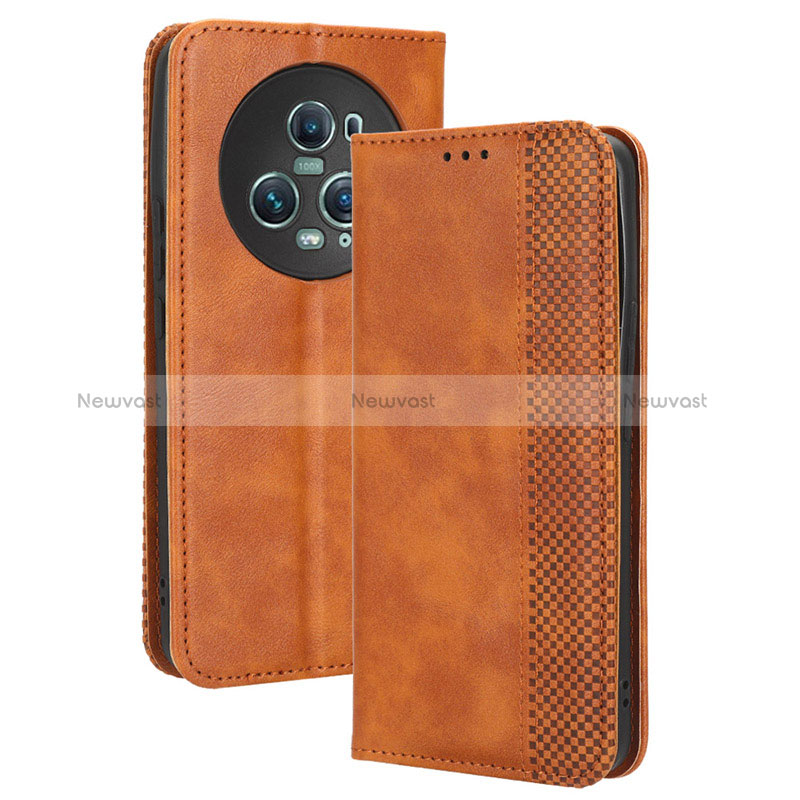 Leather Case Stands Flip Cover Holder BY4 for Huawei Honor Magic5 Pro 5G Brown