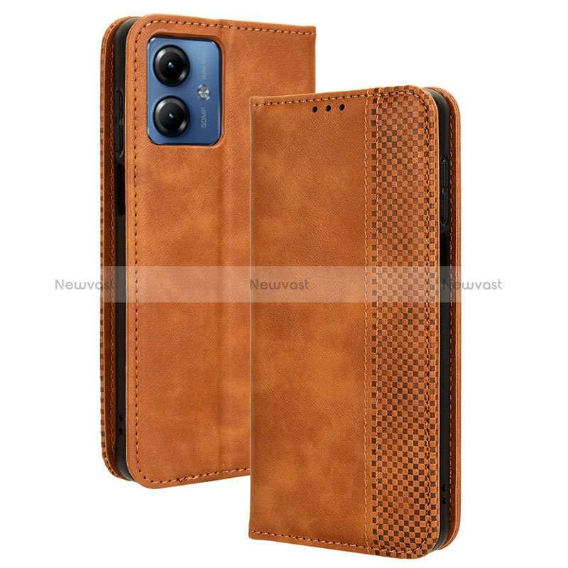 Leather Case Stands Flip Cover Holder BY4 for Motorola Moto G14 Brown