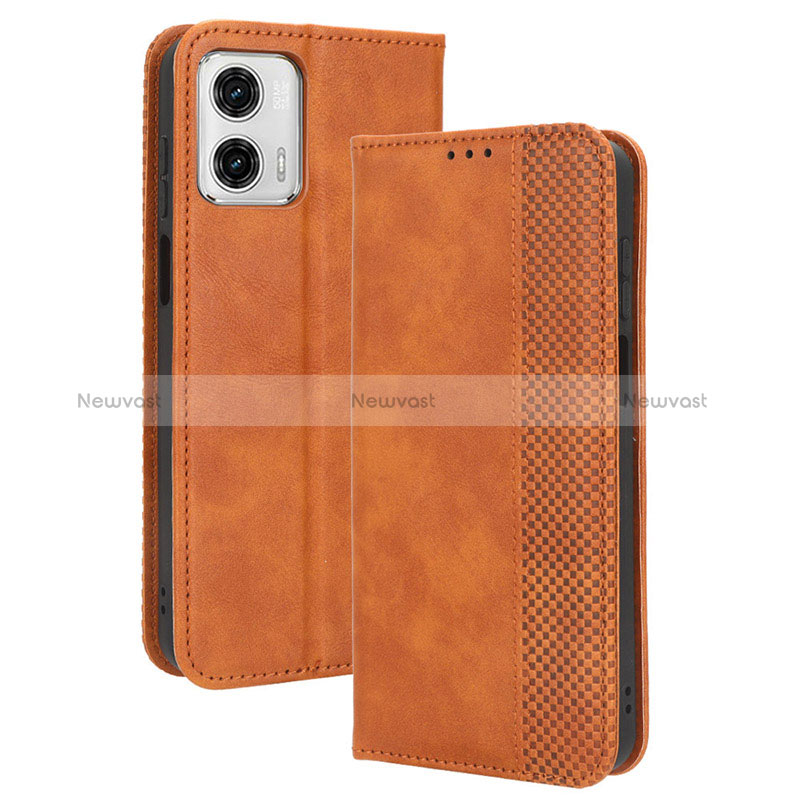 Leather Case Stands Flip Cover Holder BY4 for Motorola Moto G53j 5G Brown