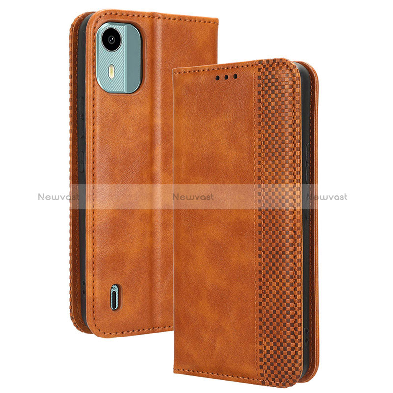 Leather Case Stands Flip Cover Holder BY4 for Nokia C12 Brown