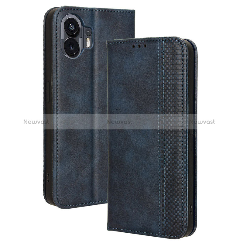 Leather Case Stands Flip Cover Holder BY4 for Nothing Phone 2 Blue