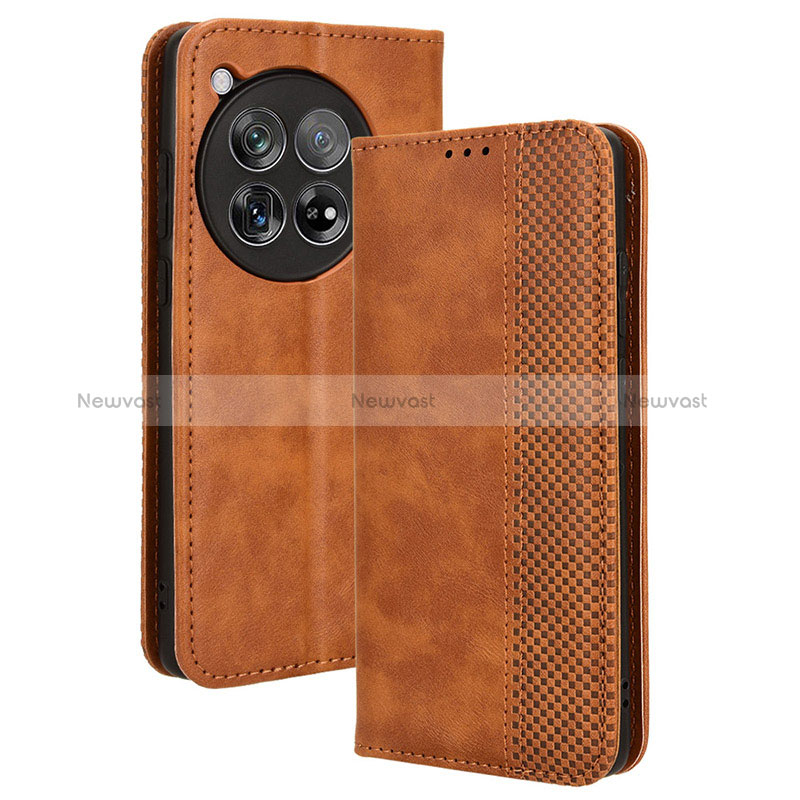 Leather Case Stands Flip Cover Holder BY4 for OnePlus 12 5G Brown