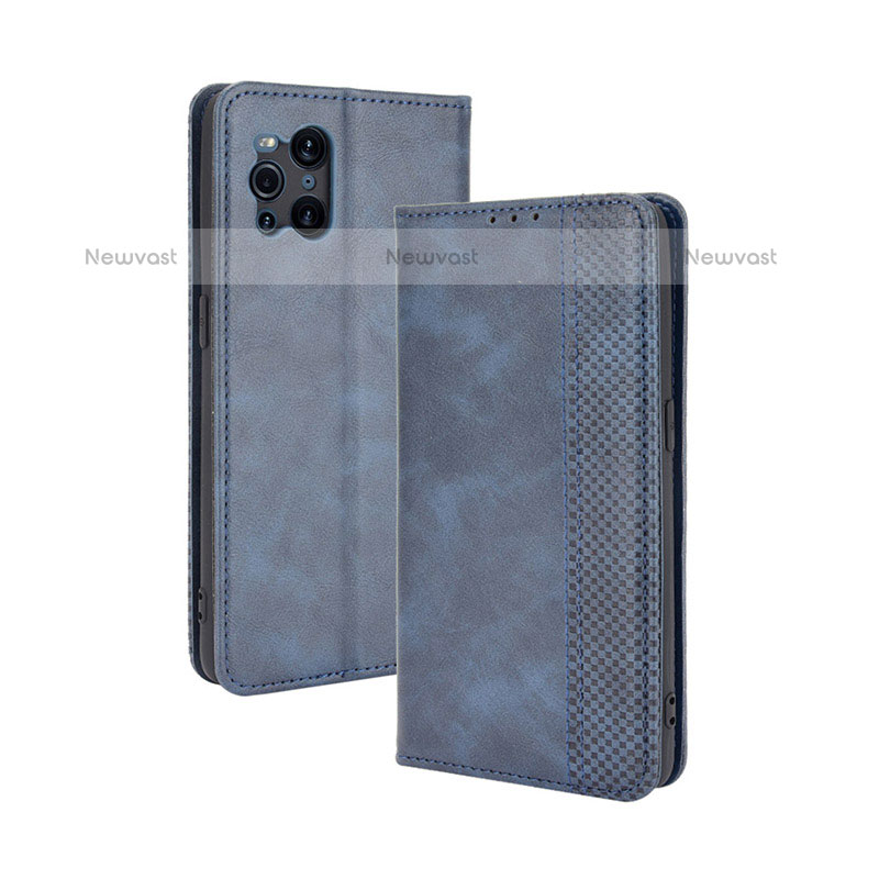 Leather Case Stands Flip Cover Holder BY4 for Oppo Find X3 Pro 5G Blue