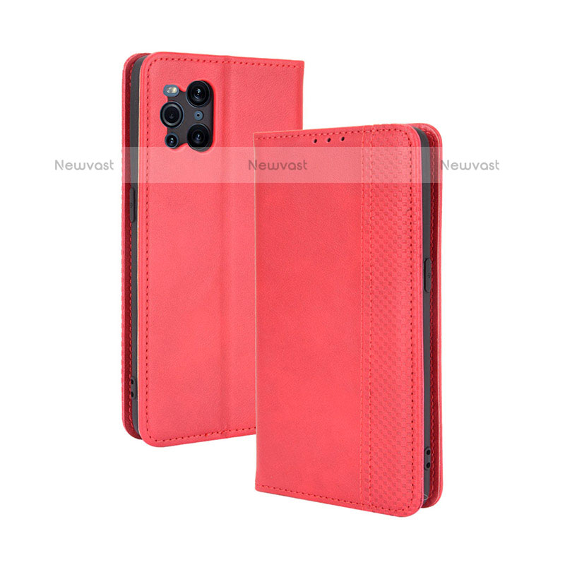 Leather Case Stands Flip Cover Holder BY4 for Oppo Find X3 Pro 5G Red