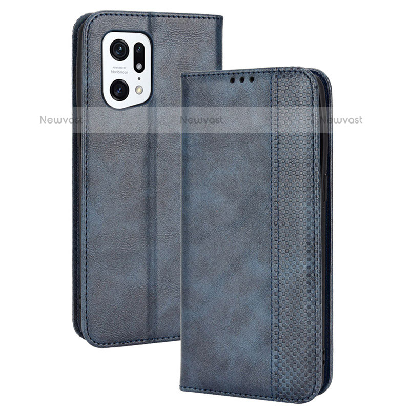 Leather Case Stands Flip Cover Holder BY4 for Oppo Find X5 Pro 5G Blue