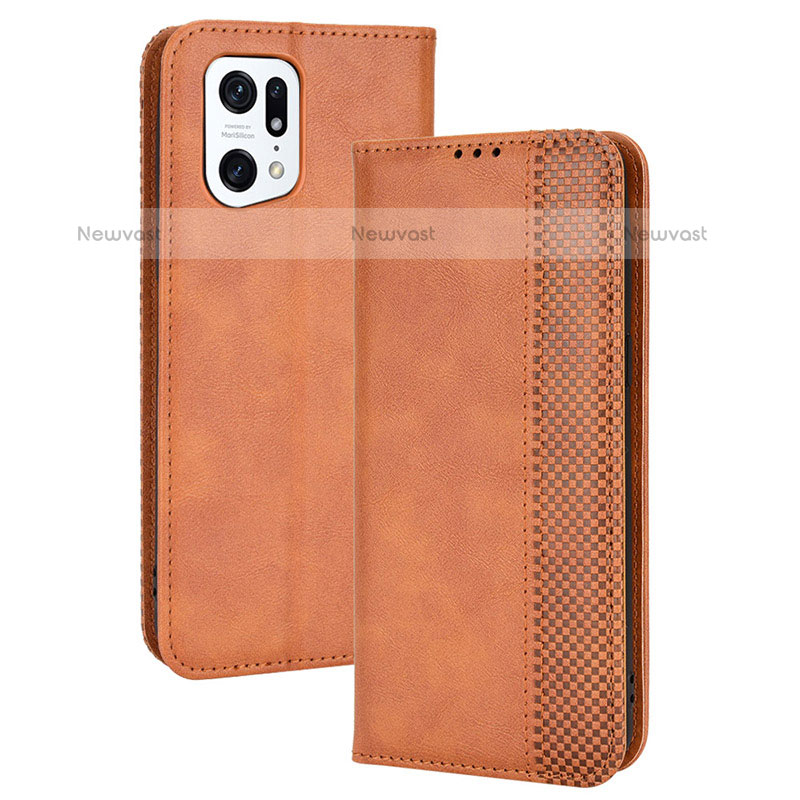 Leather Case Stands Flip Cover Holder BY4 for Oppo Find X5 Pro 5G Brown