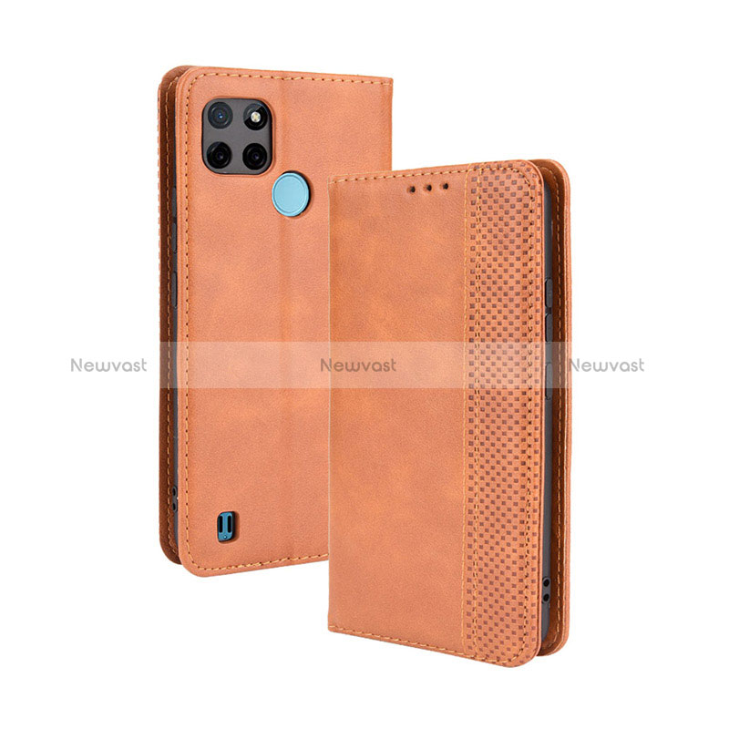 Leather Case Stands Flip Cover Holder BY4 for Realme C25Y India Brown