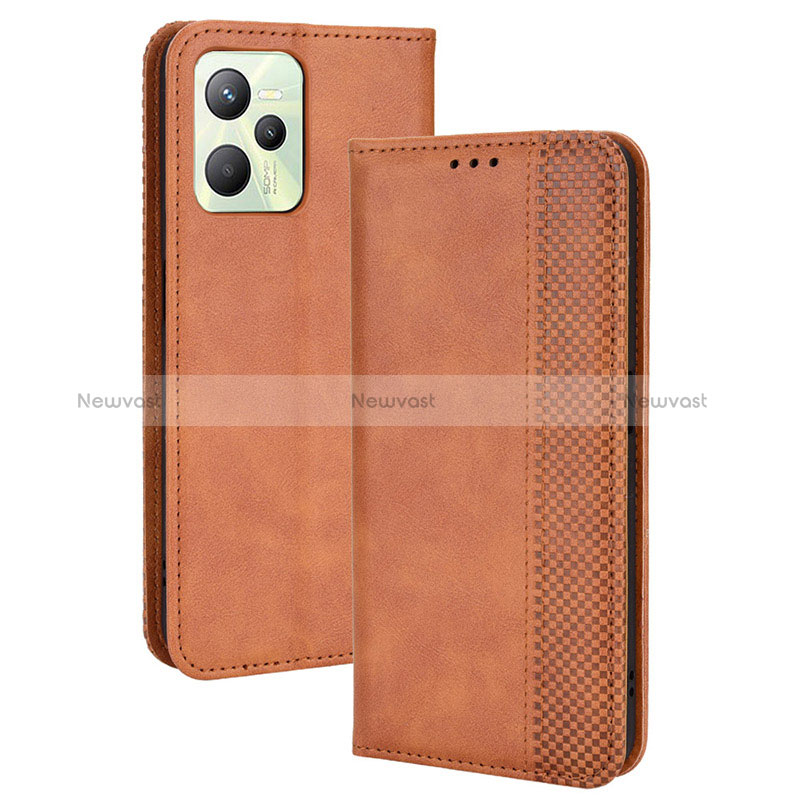 Leather Case Stands Flip Cover Holder BY4 for Realme C35 Brown