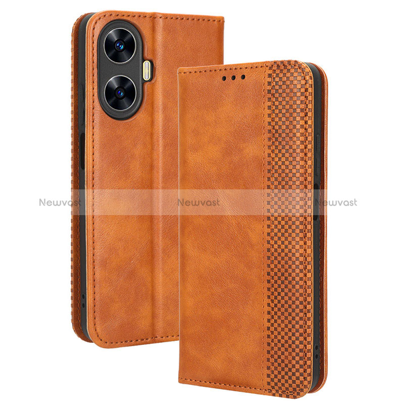 Leather Case Stands Flip Cover Holder BY4 for Realme C55 Brown