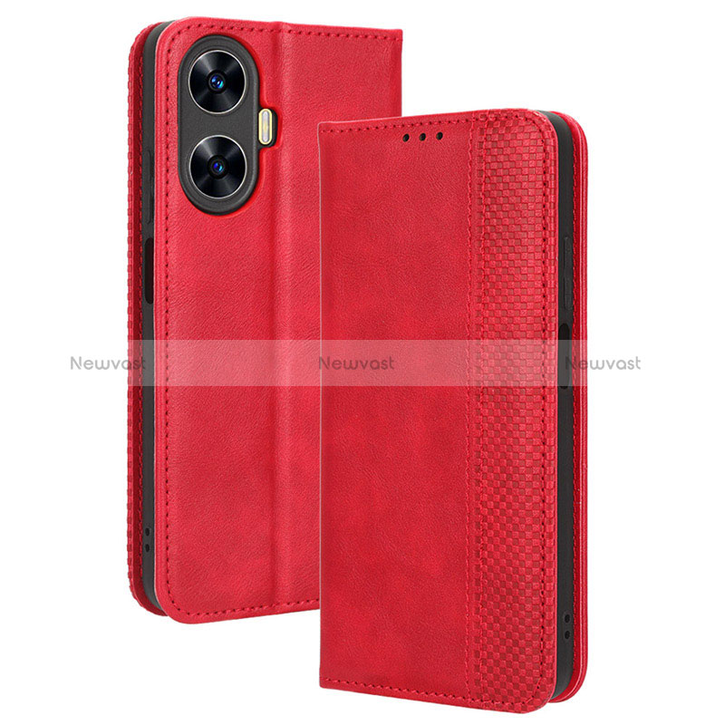 Leather Case Stands Flip Cover Holder BY4 for Realme C55 Red