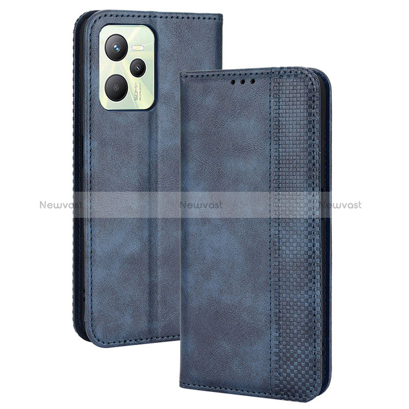 Leather Case Stands Flip Cover Holder BY4 for Realme Narzo 50A Prime Blue