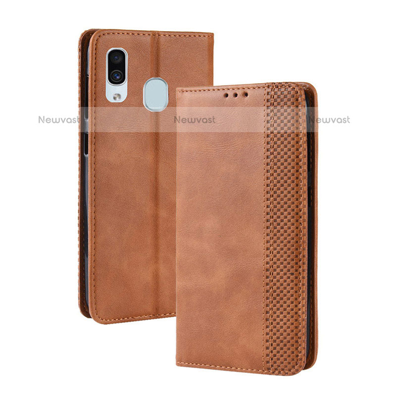 Leather Case Stands Flip Cover Holder BY4 for Samsung Galaxy A20 Brown