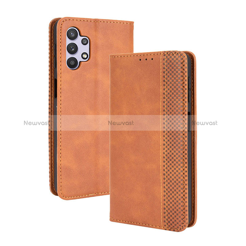 Leather Case Stands Flip Cover Holder BY4 for Samsung Galaxy A32 4G Brown