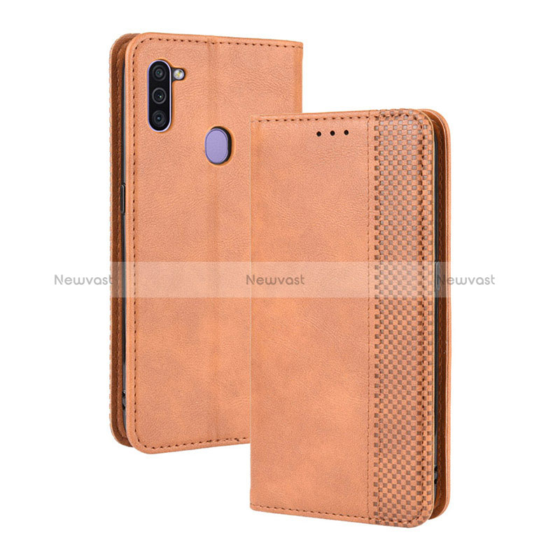 Leather Case Stands Flip Cover Holder BY4 for Samsung Galaxy M11 Brown