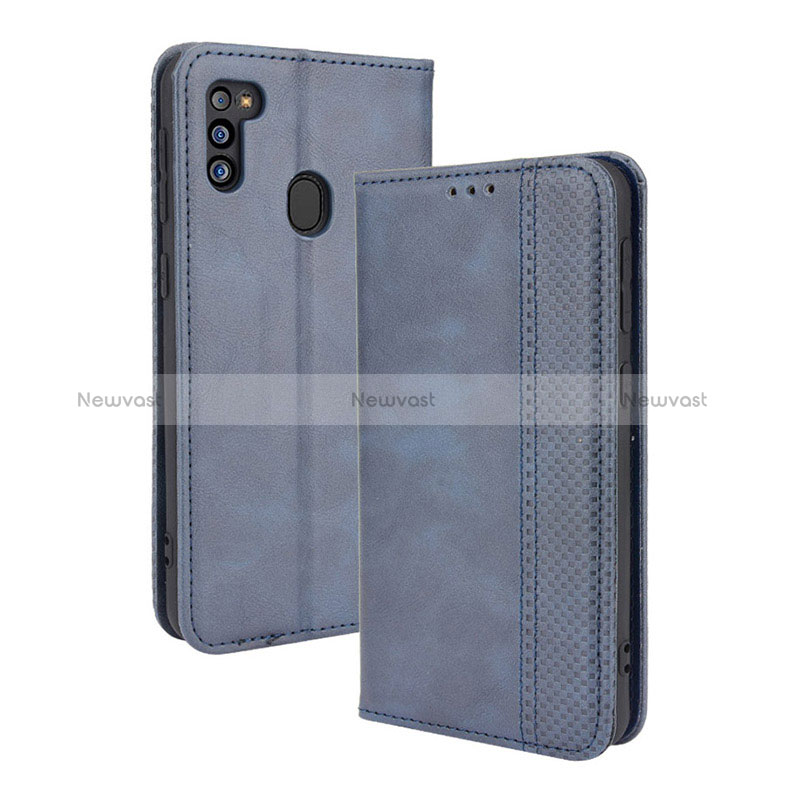 Leather Case Stands Flip Cover Holder BY4 for Samsung Galaxy M21 (2021) Blue