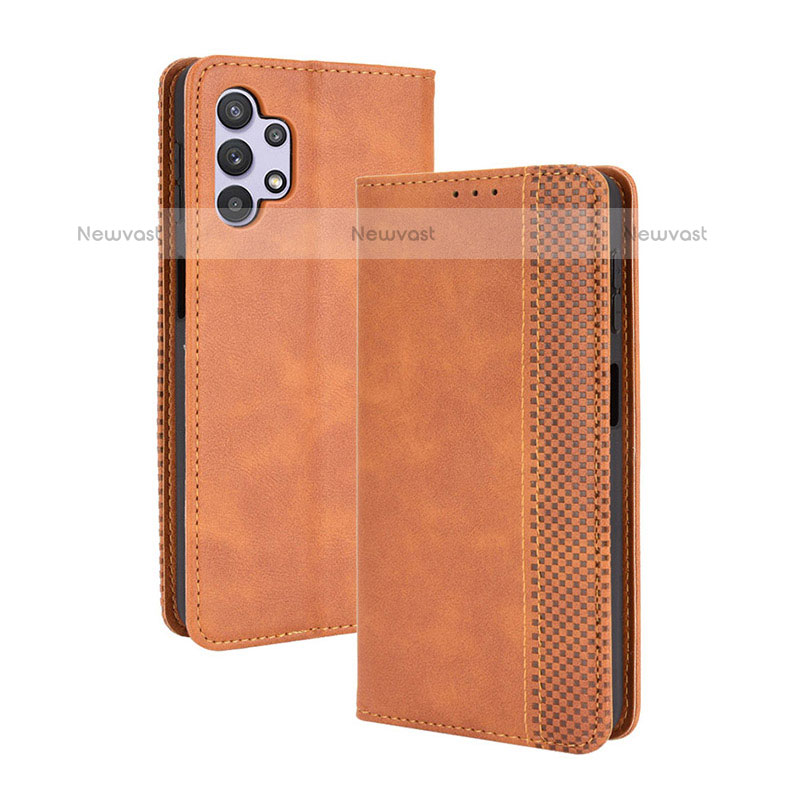 Leather Case Stands Flip Cover Holder BY4 for Samsung Galaxy M32 5G Brown