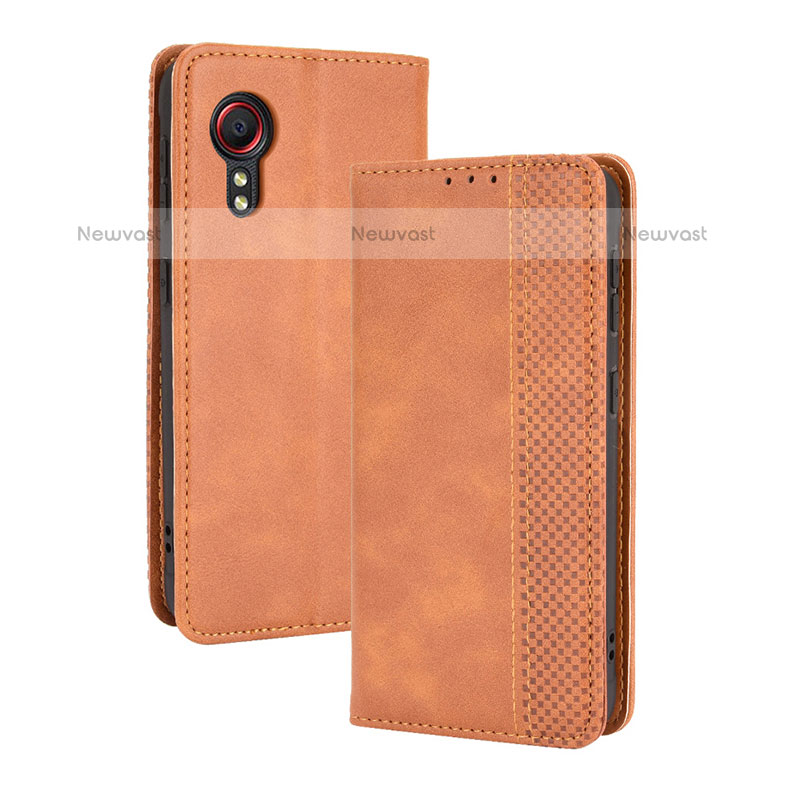 Leather Case Stands Flip Cover Holder BY4 for Samsung Galaxy XCover 5 SM-G525F Brown