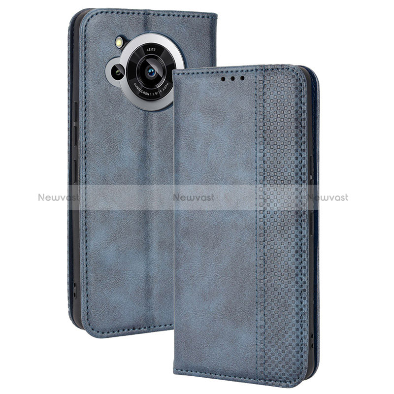 Leather Case Stands Flip Cover Holder BY4 for Sharp Aquos R7 Blue