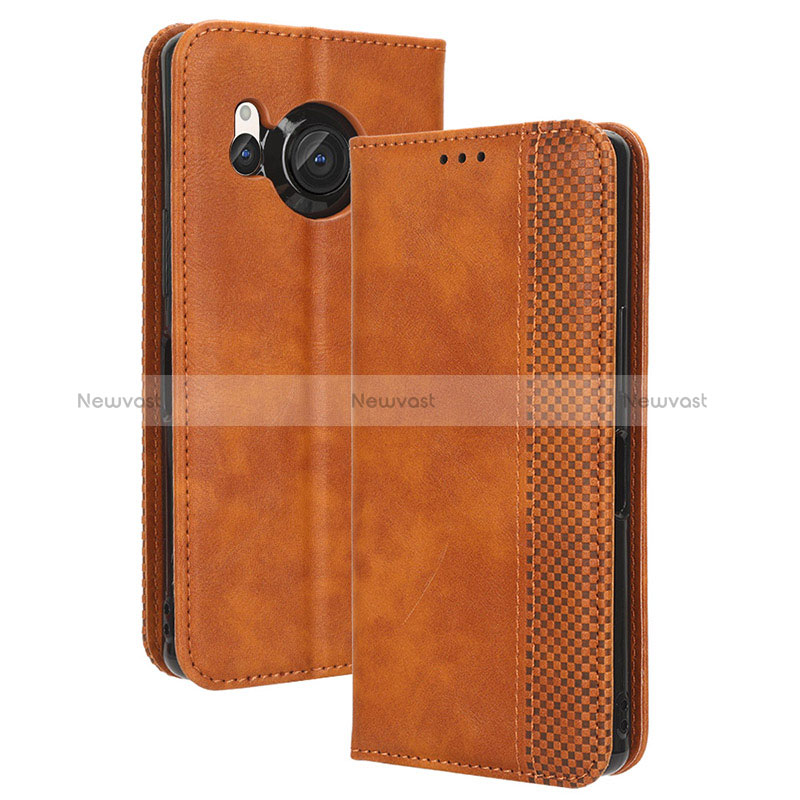 Leather Case Stands Flip Cover Holder BY4 for Sharp Aquos R8 Brown