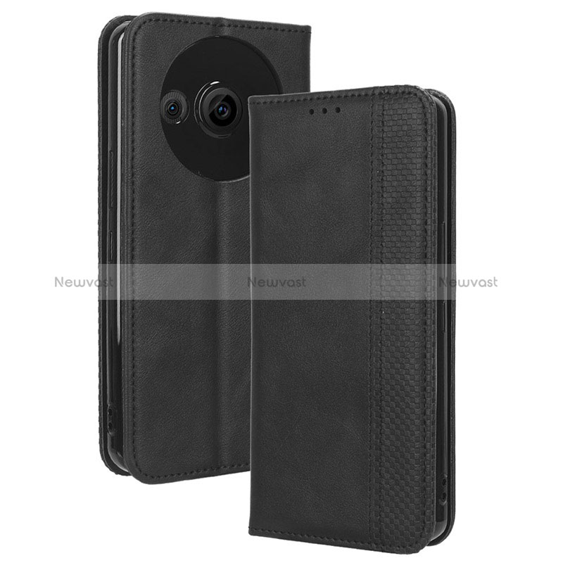 Leather Case Stands Flip Cover Holder BY4 for Sharp Aquos R8 Pro Black