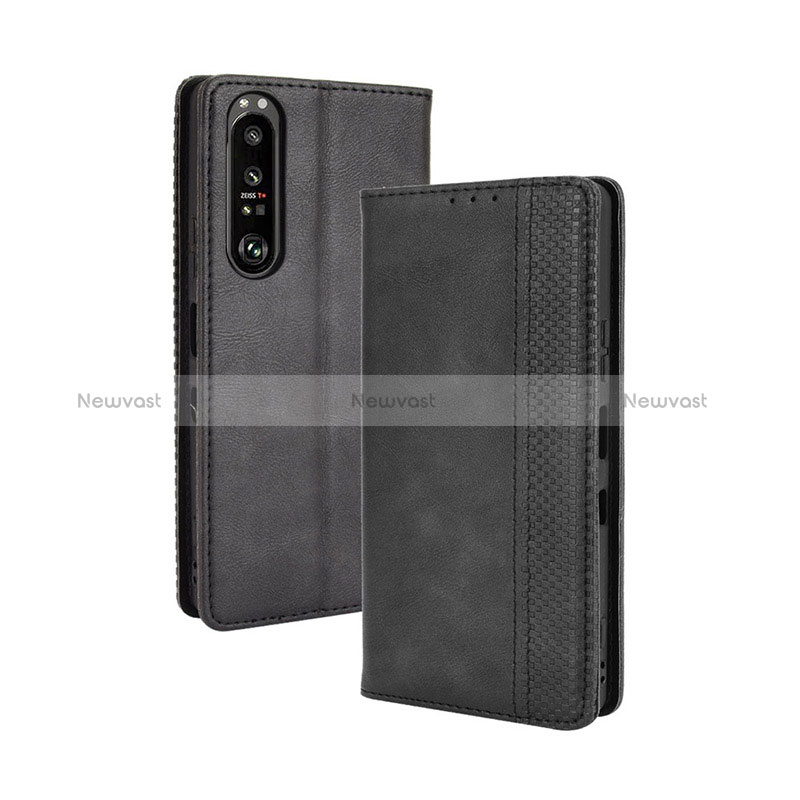 Leather Case Stands Flip Cover Holder BY4 for Sony Xperia 1 III Black