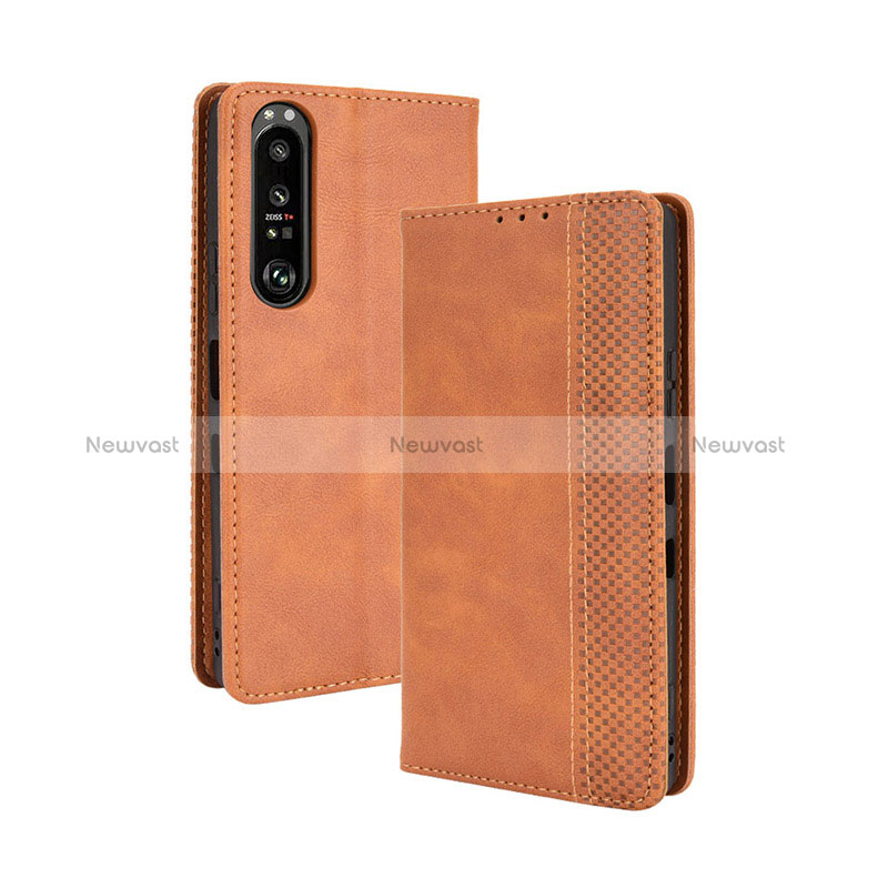 Leather Case Stands Flip Cover Holder BY4 for Sony Xperia 1 III Brown