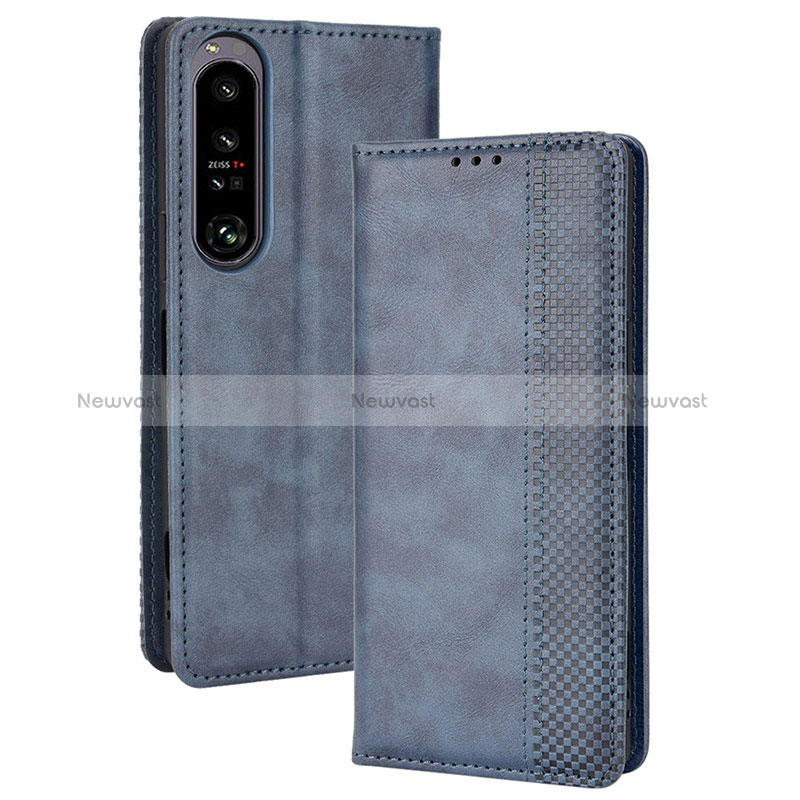 Leather Case Stands Flip Cover Holder BY4 for Sony Xperia 1 IV SO-51C Blue