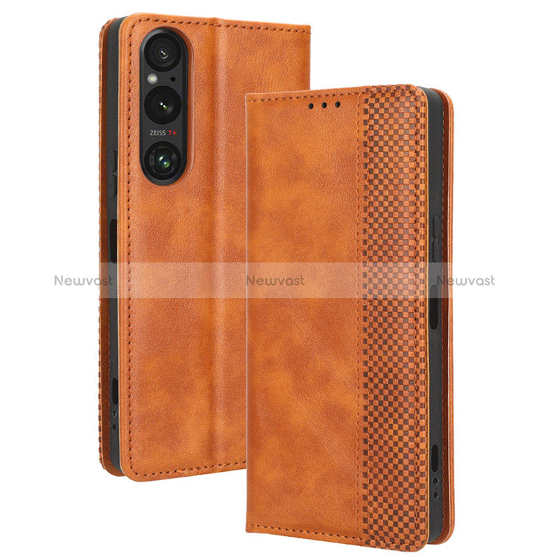 Leather Case Stands Flip Cover Holder BY4 for Sony Xperia 1 V Brown