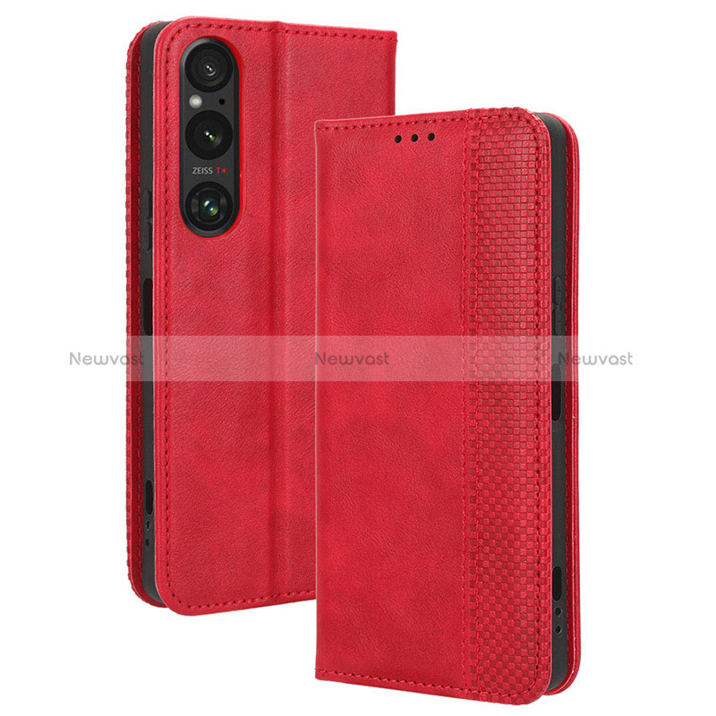 Leather Case Stands Flip Cover Holder BY4 for Sony Xperia 1 V Red