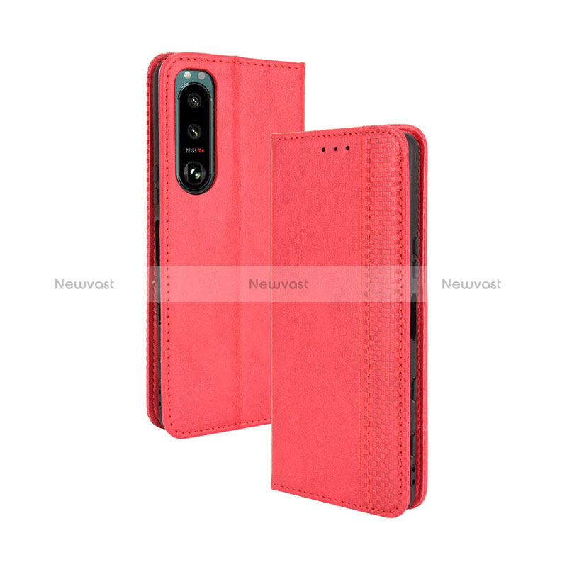 Leather Case Stands Flip Cover Holder BY4 for Sony Xperia 5 III SO-53B Red