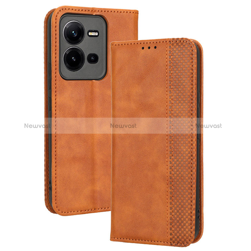 Leather Case Stands Flip Cover Holder BY4 for Vivo V25e Brown