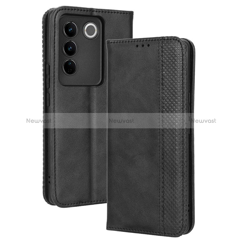 Leather Case Stands Flip Cover Holder BY4 for Vivo V27 5G Black